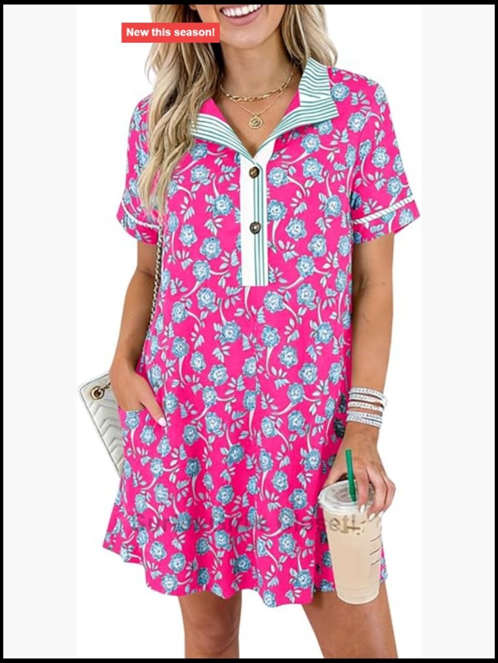Floral Mini Shirt Dress Short Sleeve Collared Button Down Summer Beach - Picture 1 of 7